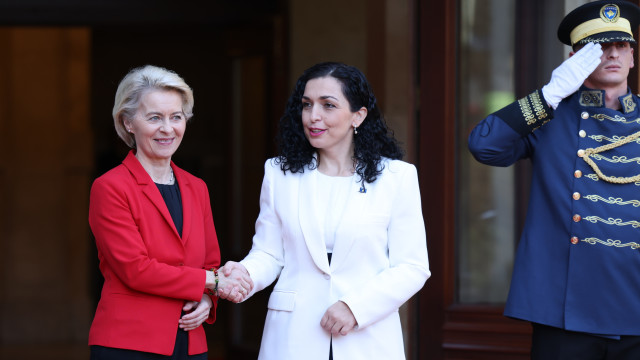 President of Kosovo Vjosa Osmani welcomes President of the European Commission Ursula von der Leyen in Pristina, Kosovo, 30 October 2023